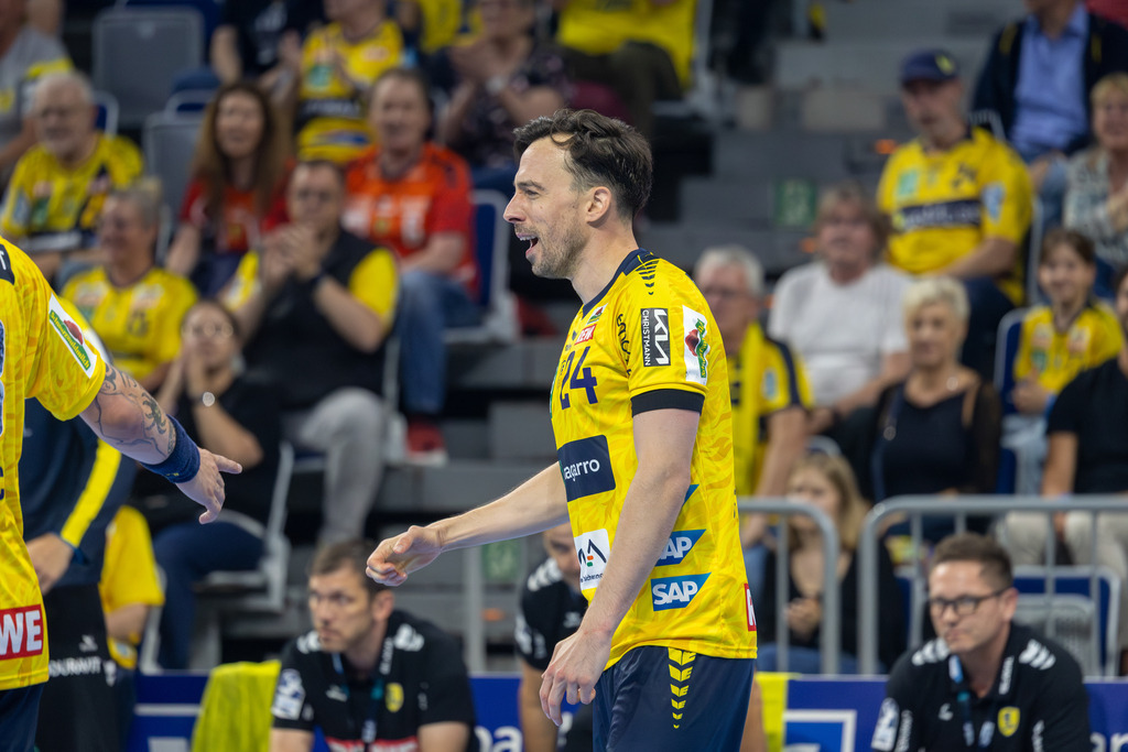 HBL (Handball-Bundesliga), Saison 2025/26, 33. Spieltag: Rhein-Neckar Löwen gegen TSV Hannover-Burgdorf | HBL (Handball-Bundesliga), Saison 2025/26, 33. Spieltag: Rhein-Neckar Löwen gegen TSV Hannover-Burgdorf***Patrick Groetzki (24, Löwen) freut sich über seinen Treffer - Realisiert mit Pictrs.com