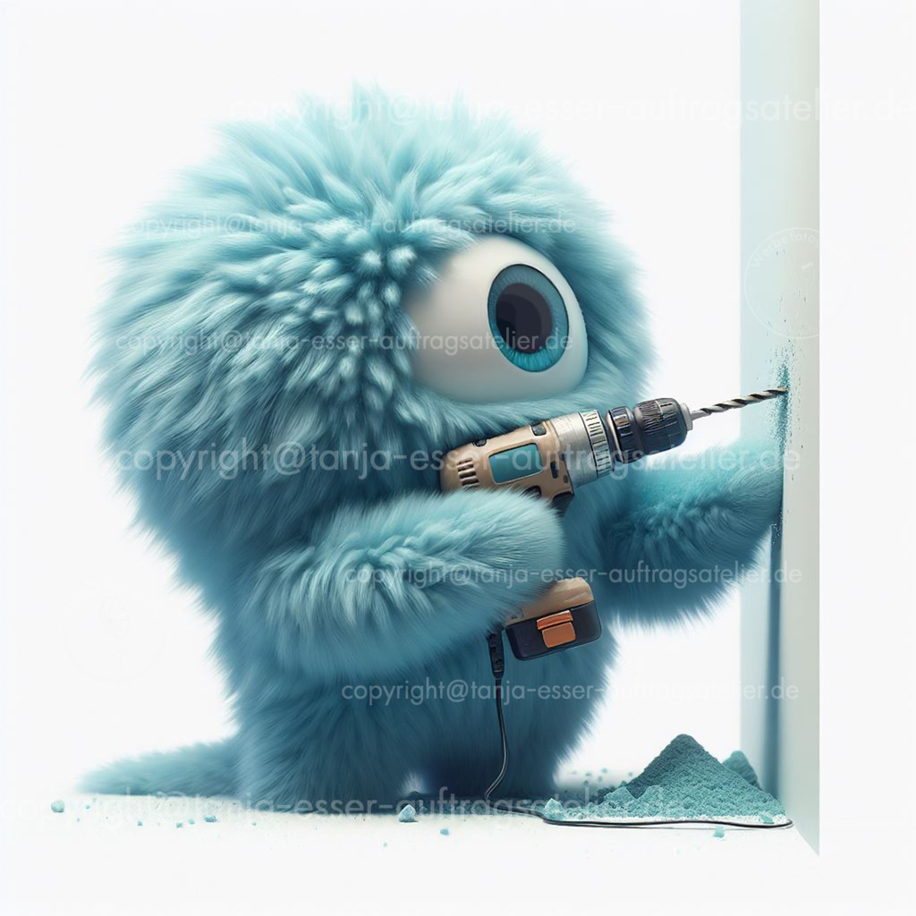 Monster mit Bohrmaschine D | Kleines flauschiges Monster bohrt mit einer Bohrmaschine. Symbolbild für Wartungsarbeiten an einer Website. Isoliert vor weißem Hintergrund. Erstellt mit generativer KI.