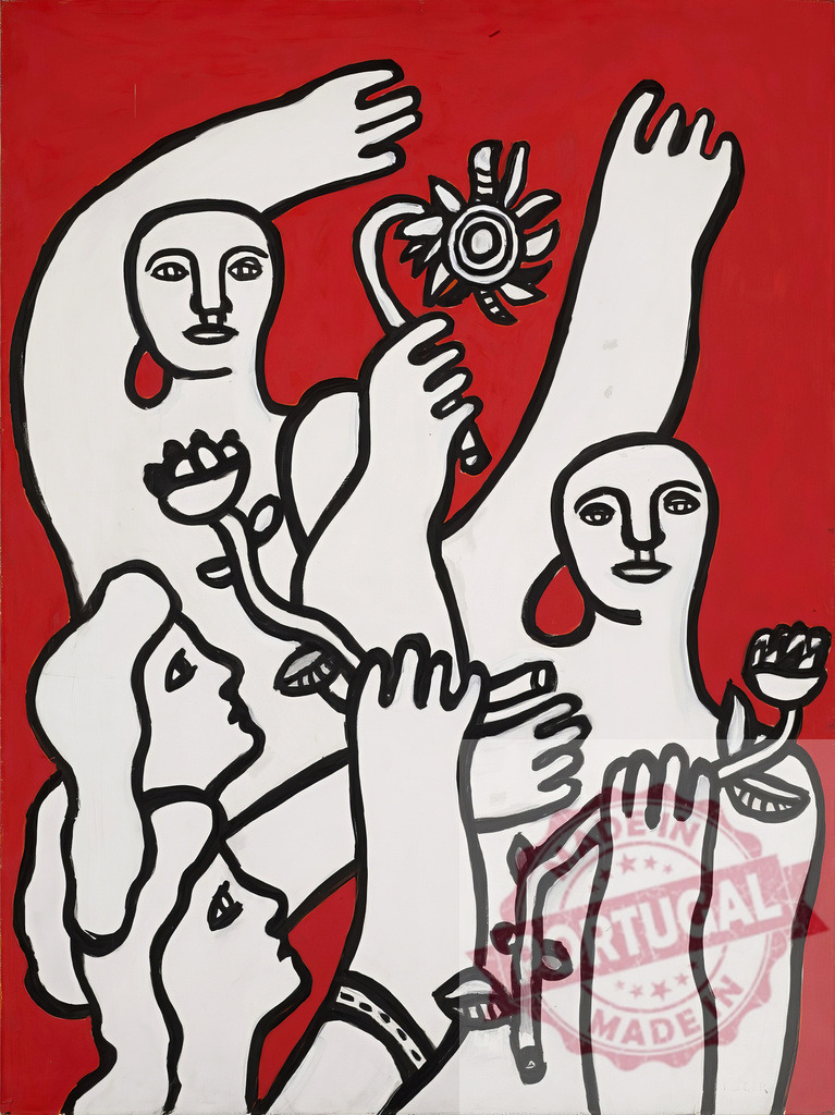 Stylized figures holding flowers on red background | Fernand Leger Abstract painting showing stylized figures with bold outlines collaborating and connecting with flowers - Realized with Pictrs.com