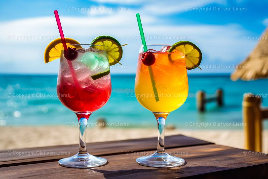 bunte Cocktails am Strand | Cocktails im Urlaub als Wandbild