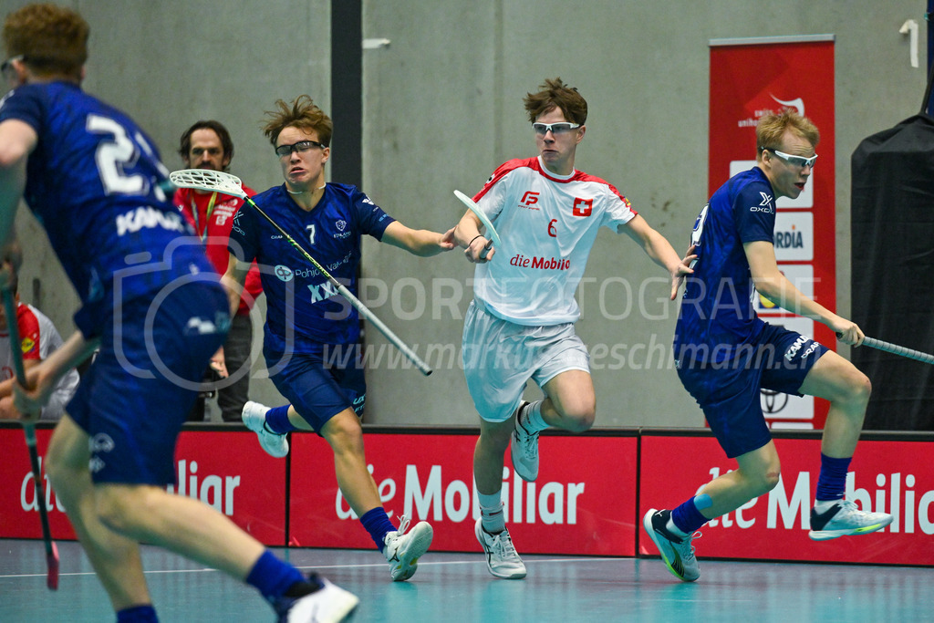 Switzerland U19 vs Finland U19 - 3. February 2024 | Switzerland U19 vs Finland U19
U19 Men International Matches in Switzerland
GoEasy Arena, Siggenthal Station
Finland forward #7 Markus Maronen and Switzerland center #6 Lars Zuppiger.
Credit: Markus Aeschimann | <a href="https://www.markus-aeschimann.ch">Sportfotografie Markus Aeschimann</a> | <a href="https://www.instagram.com/sportfotografie.aeschimann">@sportfotografie.aeschimann</a> - Realisiert mit Pictrs.com