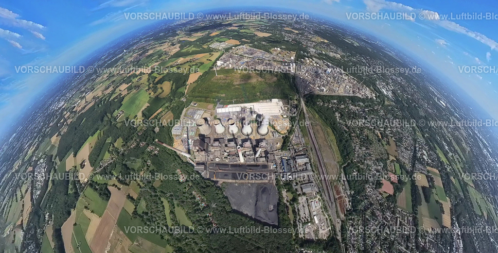 Gelsenkirchen20220803_1KraftwerkScholven | Luftbild, Kraftwerk Scholven, Fisheye Aufnahme, Fischaugen Aufnahme, 360 Grad Aufnahme, Scholven, Gelsenkirchen, Ruhrgebiet, Nordrhein-Westfalen, Deutschland