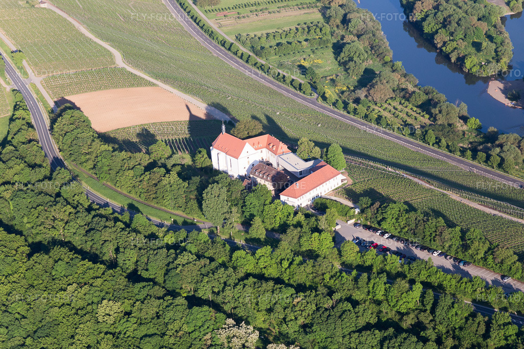 Luftbild: Mainhang an der Vogelsburg und Kirche Mariä Schutz im Ortsteil Escherndorf in Volkach im Bundesland Bayern in Deutschland. Foto: IMG_100336.jpg vom 27.05.2017 durch Werner Riehm/FLY-FOTO.de