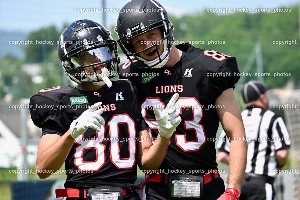 Carinthian Lions vs. Cineplexx Blue Devils | #80 Pacella Alessandro Carinthian Lion, #83 Schimpl Peter Carinthian Lion, Carinthian Lions vs. Cineplexx Blue Devils, Carinthian Lions vs. Cineplexx Blue Devils am 09.06.2025 in Klagenfurt (ASV Sportplatz), Austria, (Photo by Bernd Stefan)