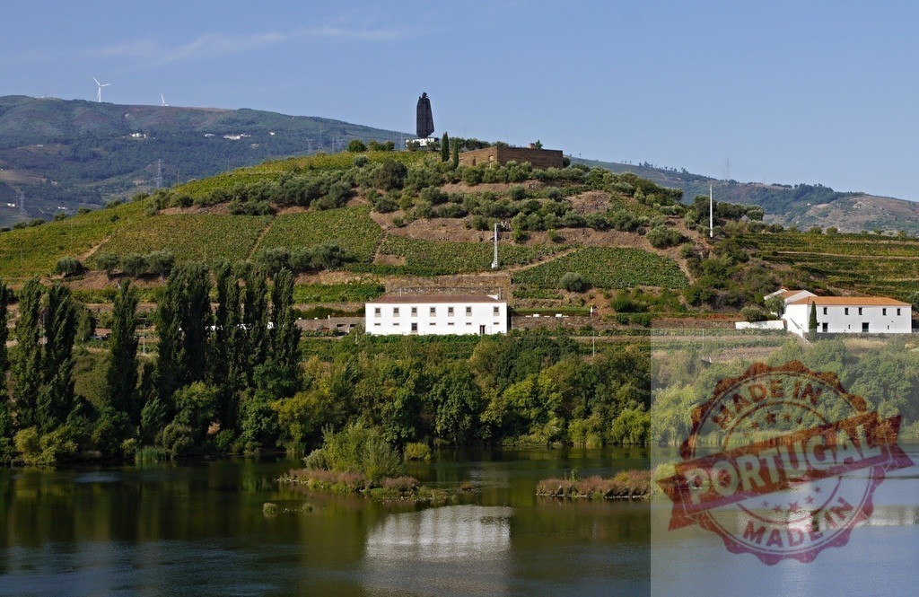 Douro Valley river, terraced vineyards, and a statue overlooking the landscape | Douro Valley displaying river, terraced vineyards, a quinta, and statue on the hillside - Realisiert mit Pictrs.com