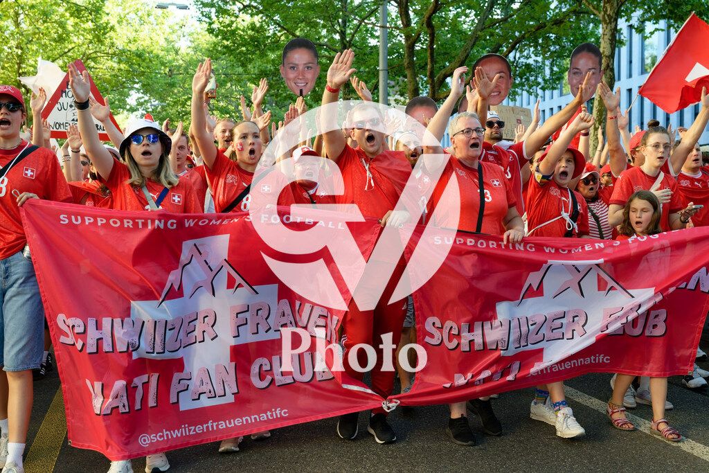 Spain v Switzerland - UEFA Women's EURO 2025 Quarter-Final | BERN, SWITZERLAND - JULY 18: Fans of Switzerland with flags /banner  during the UEFA Women's EURO 2025 Quarter-Final match between Spain v Switzerland at Stadion Wankdorf on July 18, 2025 in Bern, Switzerland. (Photo by Giuseppe Velletri/Sports Press Photo/Getty Images)