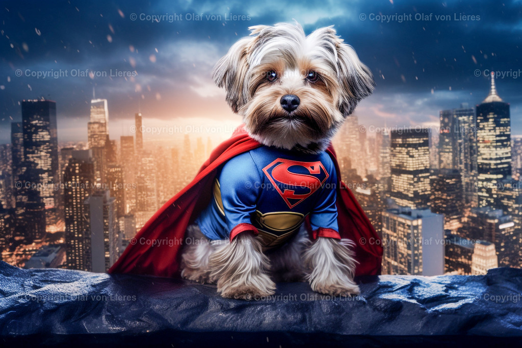weißer Yorkshire Terrier als Superheld | Yorkshire Terrier mit Umhang als Superhund