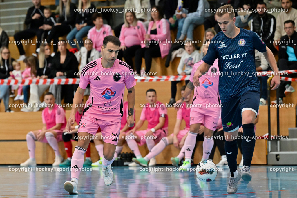 Carinthia Flamengo Futsal Club vs. LPSV-K | #21 Robert Dimitrov Carinthia Flamengo, #17 Sifet Lidan LPSV-K, Carinthia Flamengo Futsal Club vs. LPSV-K, Carinthia Flamengo Futsal Club vs. LPSV-K am 03.11.2024 in Klagenfurt (Ballspielhalle Viktring), Austria, (Photo by Bernd Stefan)
