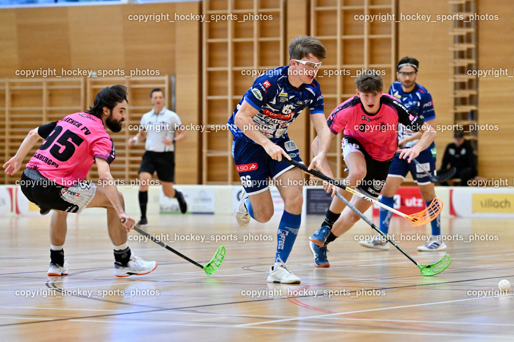 VSV Unihockey vs. Wiener Floorball Verein | #95 FELSBERGER Niklas Wiener Floorballverein, #66 Jakob Rainer VSV Unihockey, #8 KUSCHER Maximilian Wiener Floorballverein, VSV Unihockey vs. Wiener Floorball Verein, VSV Unihockey vs. Wiener Floorball Verein am 18.05.2025 in Villach (Ballspielhalle St. Martin), Austria, (Photo by Bernd Stefan)