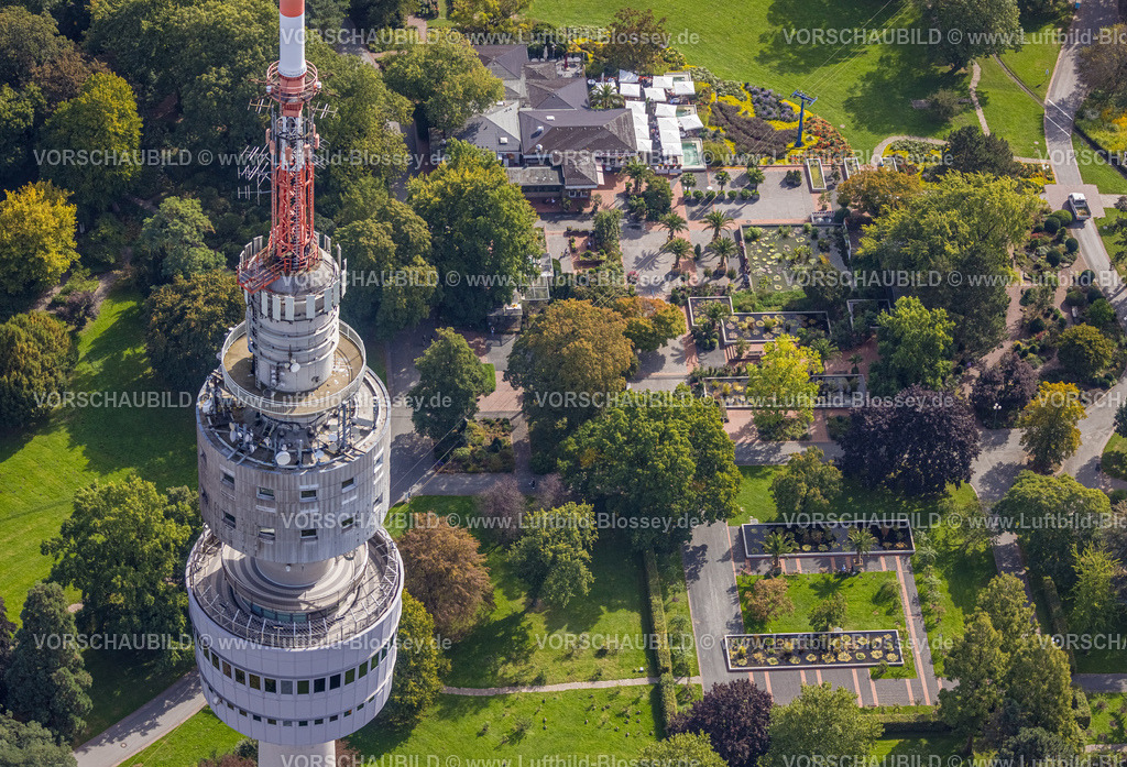 Dortmund231000402 | Luftbild, Westfalenpark, Spitze des Florianturms mit Aussichtsplattform, Restaurant An den Wasserbecken und Gartenanlage, Ruhrallee, Dortmund, Ruhrgebiet, Nordrhein-Westfalen, Deutschland