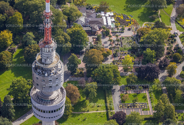 Dortmund231000402 | Luftbild, Westfalenpark, Spitze des Florianturms mit Aussichtsplattform, Restaurant An den Wasserbecken und Gartenanlage, Ruhrallee, Dortmund, Ruhrgebiet, Nordrhein-Westfalen, Deutschland