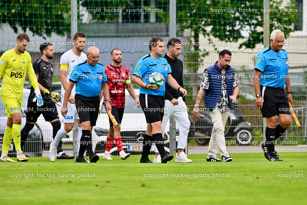 SAK vs. ATUS Ferlach | #1 Kristijan Kondic SAK, #22 Leo Ejup SAK, #5 Daniel Jobst ATUS Ferlach, Reinhold Theurl Referee, Michell Kollreider Referee, Eric Erlbeck Referee, SAK vs. ATUS Ferlach, SAK vs. ATUS Ferlach am 01.08.2025 in Klagenfurt (Sportpark Welzenegg), Austria, (Photo by Bernd Stefan)