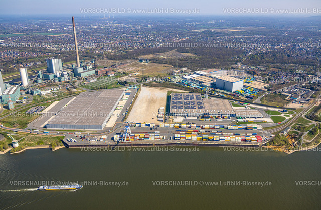 Duisburg250403004Logport6Walsum | Luftbild, Duisburg-Nord, duisport logport VI Walsum, logport 6, STEAG Kraftwerk Walsum am Fluss Rhein, Container Verladestation, Alt-Walsum, Duisburg, Ruhrgebiet, Nordrhein-Westfalen, Deutschland