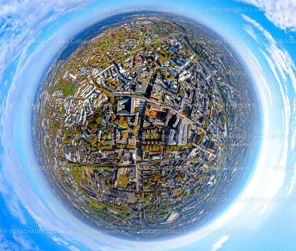 Bochum241090422AltePostRathaus | Luftbild, City Innenstadt mit Baustelle Alte Post, Husemannplatz und Husemann Karree Einkaufszentrum, Erdkugel, Fisheye Aufnahme, Fischaugen Aufnahme, 360 Grad Aufnahme, tiny world, little planet, fisheye Bild, Gleisdreieck, Bochum, Ruhrgebiet, Nordrhein-Westfalen, Deutschland