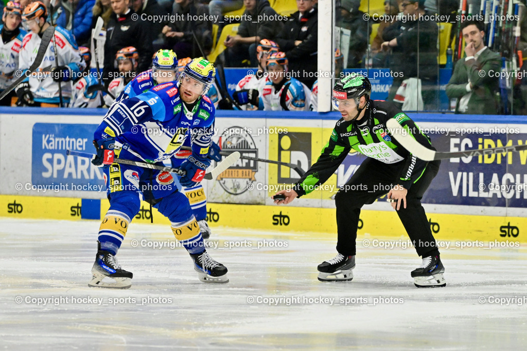 EC IDM Wärmepumpen VSV vs. STEINBACH BLACK WINGS LINZ  | #16 HANCOCK Kevin EC VSV, KONC DANIELJAKA Referee, EC IDM Wärmepumpen VSV vs. STEINBACH BLACK WINGS LINZ , EC IDM Wärmepumpen VSV vs. STEINBACH BLACK WINGS LINZ  am 28.01.2025 in Villach (Stadthalle Villach), Austria, (Photo by Bernd Stefan)