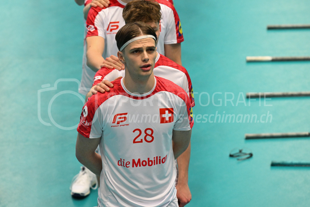 Switzerland B U19 vs Switzerland U19 - 4. February 2024 | Switzerland B U19 vs Switzerland U19
U19 Men International Matches in Switzerland
GoEasy Arena, Siggenthal Station
Switzerland defender #28 Maёl Marthaler during the national anthem.
Credit: Markus Aeschimann | <a href="https://www.markus-aeschimann.ch">Sportfotografie Markus Aeschimann</a> | <a href="https://www.instagram.com/sportfotografie.aeschimann">@sportfotografie.aeschimann</a> - Realisiert mit Pictrs.com