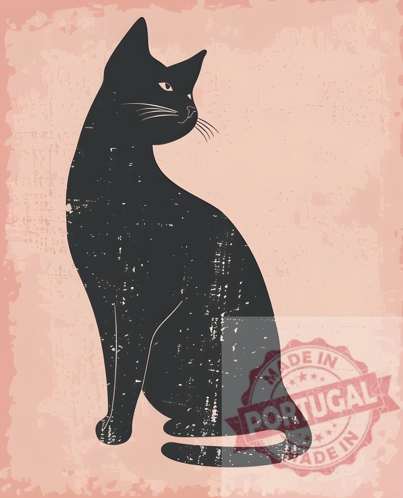 Black cat silhouette sitting with vintage pink background texture | Black cat silhouette sitting with a retro grunge texture on a faded pink background - Realized with Pictrs.com