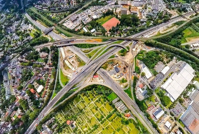 Herne230890076 BAB Kreuz Herne A43 A42 | Luftbild, Autobahnkreuz Herne Großbaustelle, Autobahn A43 und Autobahn A42, Erdkugel, Fisheye Aufnahme, Fischaugen Aufnahme, 360 Grad Aufnahme, tiny world, Baukau-West, Herne, Ruhrgebiet, Nordrhein-Westfalen, Deutschland
