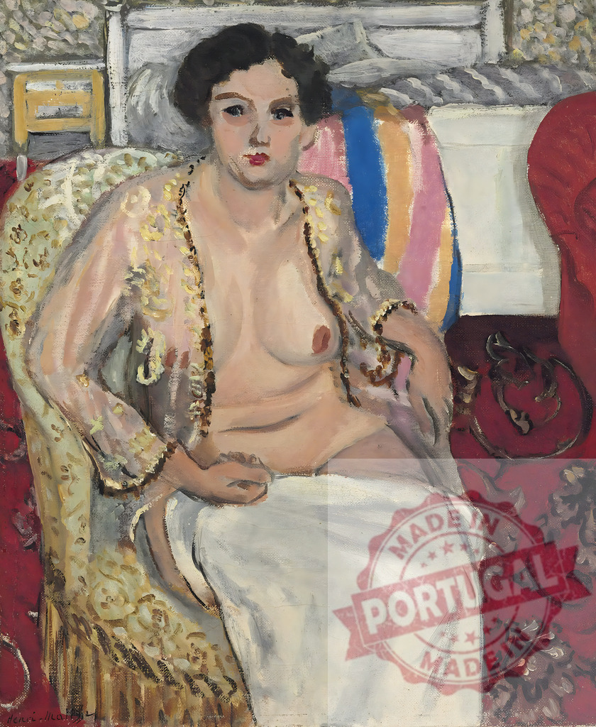Woman odalisque portrait by Henri Matisse. Henri Matisse | Woman odalisque sitting on an armchair in an interior, wearing a robe, painted in fauvist style - Realisiert mit Pictrs.com