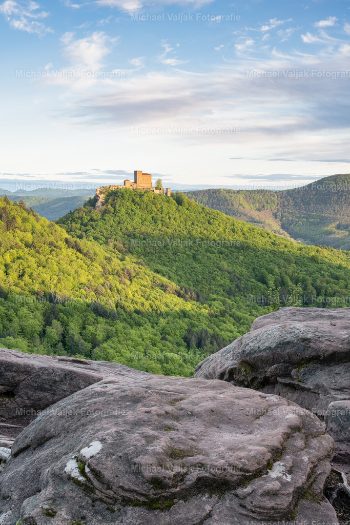 Blick zur Burg Trifels im Pfälzerwald | Aussicht vom Slevogtfelsen über den Pfälzerwald zur Burg Trifels bei Annweiler an einem Morgen im Frühling. - Realisiert mit Pictrs.com