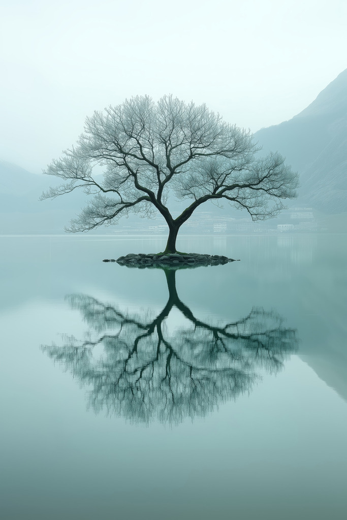 2410027 - Einsamer Baum | Fotorealistisches Motiv eines Baums auf einem ruhigen See.
