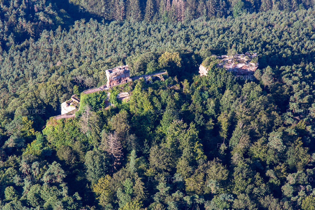Luftbild: Runie der Burg Drachenfels in Busenberg im Bundesland Rheinland-Pfalz in Deutschland. Foto: IMG_143197.jpg vom 06.08.2024 durch Werner Riehm/FLY-FOTO.deWWW.WANDERPARADIES-WASGAU.DE