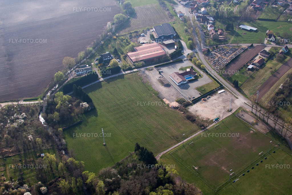 Aerial view: Stade Municipal in Durrenbach in the state Bas-Rhin, France.Photo: IMG_63765.jpg taken on 03/30/2014 by Werner Riehm/FLY-FOTO.comResolution of the original: 4752 x 3168 px