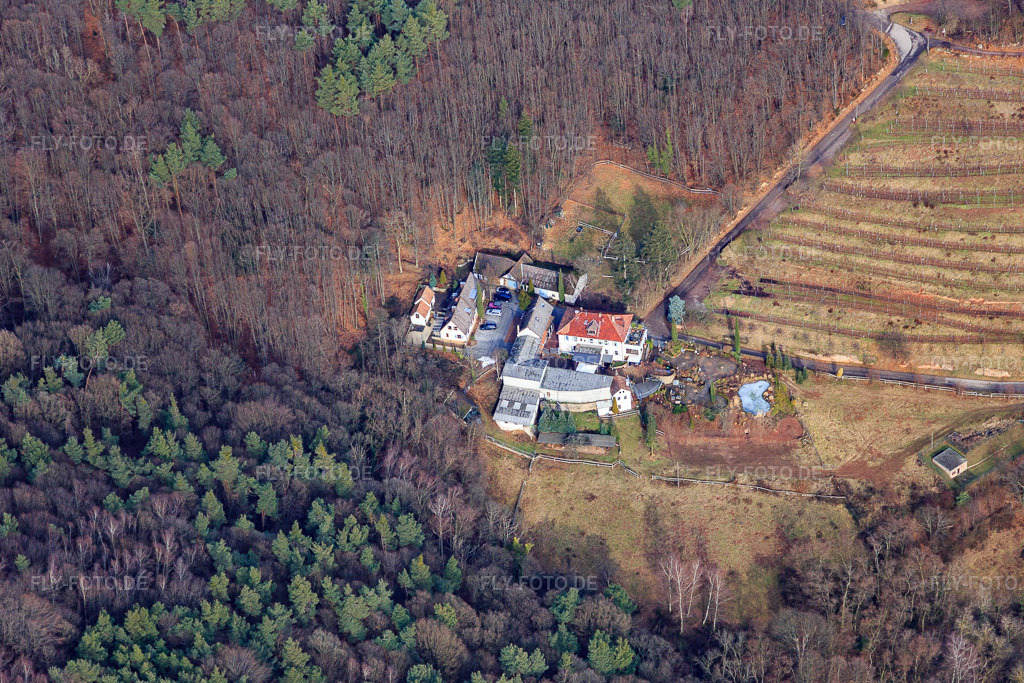 Luftbild: Weingut Sankt Annaberg in Burrweiler im Bundesland Rheinland-Pfalz in Deutschland. – Foto: IMG_096510.jpg vom 02.02.2017 durch Werner Riehm/FLY-FOTO.de – Auflösung des Originals: 5472 x 3648 px – auf dem Weingut Sankt Annaberg