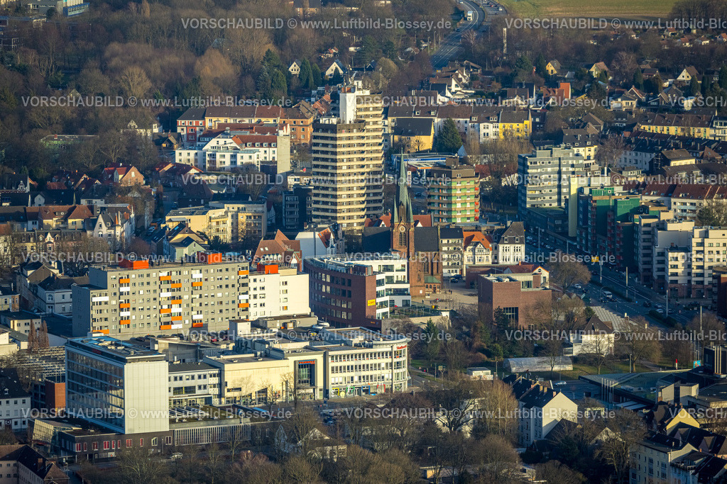 Herne240104294 | Luftbild, Stadtansicht Zentrum Europaplatz mit Kreuzkirche und Wohnturm, Herne-Mitte, Herne, Ruhrgebiet, Nordrhein-Westfalen, Deutschland