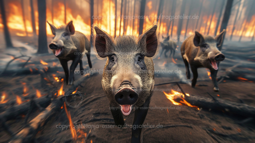 Wildschweine Feuer D | Fotorealistisches KI Bild zeigt eine Gruppe Wildschweine läuft panisch durch den brennenden Wald. Nahaufnahme eines Wildschweines mit offenem Mund und panischem Blick. Emotionaler Aufruf nach Rettung. Konzeptbild zum Thema Klimaschutz.