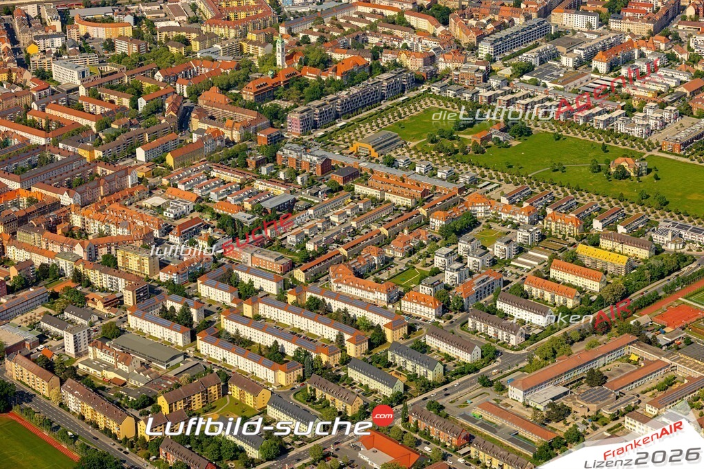 Das Luftbild zeigt : Südliche Südstadt Fürth - Die Luftaufnahme wurde 2024 vom UL-Flugzeug aus erstellt ( keine Drohne ) - Hochauflösende Luftaufnahme - Für grossformatige Ausdrucke geeignet. Die Geschenkidee !Mit Lizenz und Bildrechte bestellbar