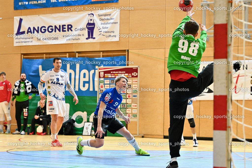 SC Ferlach vs. ALPLA HC Hard 2.3.2024 | #8 STEVANOVIC Nikola HC Hard, #9 SAGER Nico SC Ferlach, #98 MÖSTL Constantin HC Hard, SC Ferlach vs. ALPLA HC Hard 2.3.2024, SC Ferlach vs. ALPLA HC Hard am 02.03.2024 in Ferlach (Ballspielhalle Ferlach), Austria, (Photo by Bernd Stefan)
