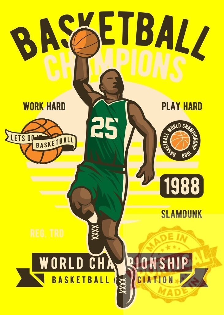 Basketball player performing slam dunk in retro style poster | Basketball player leaping for a slam dunk with championship text and vintage graphics - Realized with Pictrs.com