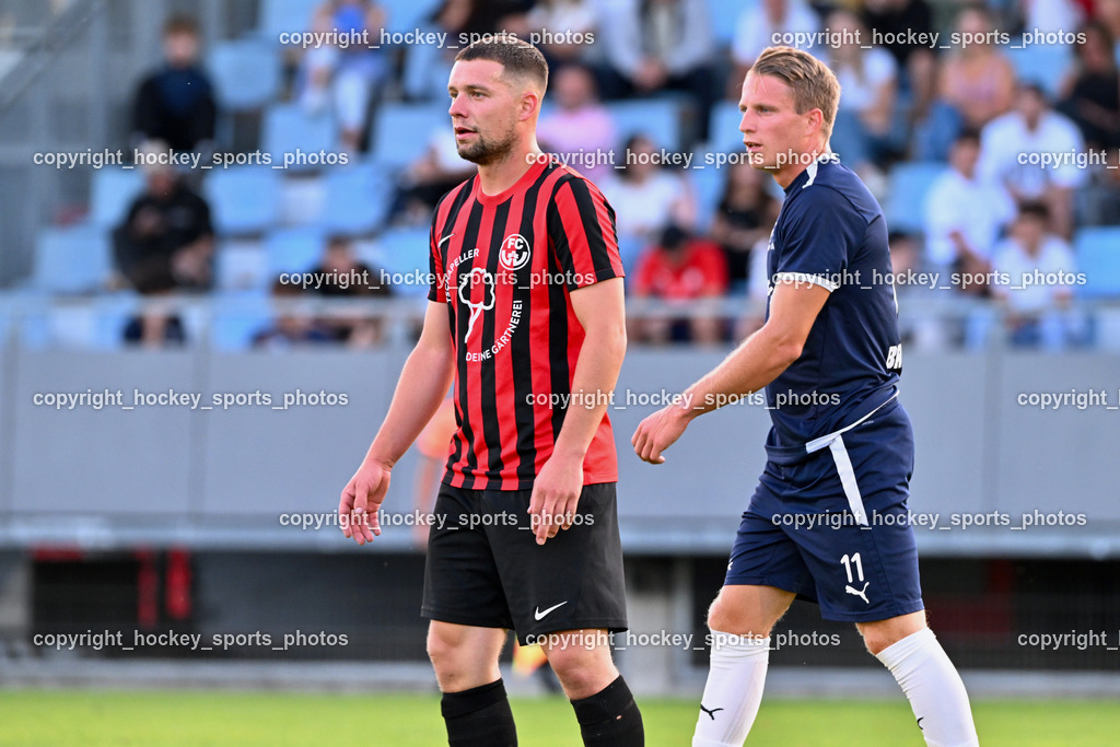 SC St. Veit vs. FC Nussdorf Debant | #2 Philipp Straganz FC Nussdorf Debant, #11 Alexander Hofer SC St. Veit, SC St. Veit vs. FC Nussdorf Debant, SC St. Veit vs. FC Nussdorf Debant am 22.08.2025 in St. Veit an der Glan (Jacques Lemans Arena), Austria, (Photo by Bernd Stefan)