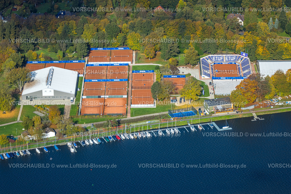 Essen251002586Sued | Luftbild, ETUF e.V. Tennisplätze und Arena mit Tribüne, Segelboote und Bootsanlegestelle am Baldeneysee, Werden, Essen, Ruhrgebiet, Nordrhein-Westfalen, Deutschland