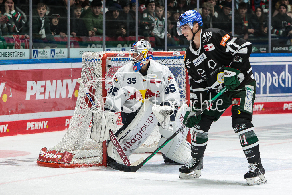Augsburger Panther - EHC Red Bull Muenchen | v. l. Mathias NIEDERBERGER (RBM #35), Adam PAYERL (AEV #11)