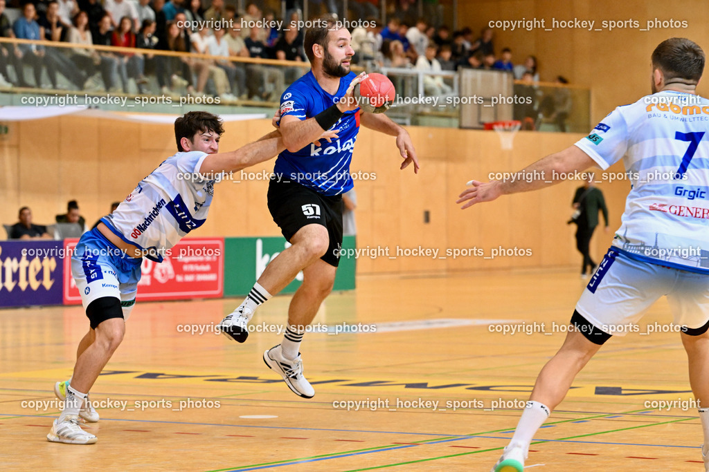 SC Ferlach vs. HC Linz AG 11.10.2023 | #24 BACHMANN Moritz HC LINZ, #57 LEBAN Patrik SC Ferlach, #7 GRGIC Mislav HC LINZ, SC Ferlach vs. HC Linz AG 11.10.2023, SC Ferlach vs. HC Linz AG am 11.10.2023 in Ferlach (Ballspielhalle Ferlach), Austria, (Photo by Bernd Stefan)