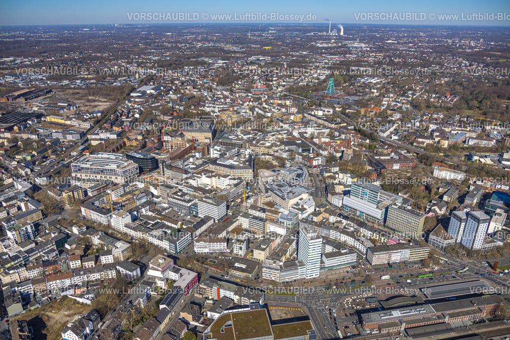 Bochum250301433 | Luftbild, Hauptbahnhof Hbf mit City, links Husemann Karree und Mitte Förderturm Bergbausmuseum, Fernsicht, Gleisdreieck, Bochum, Ruhrgebiet, Nordrhein-Westfalen, Deutschland