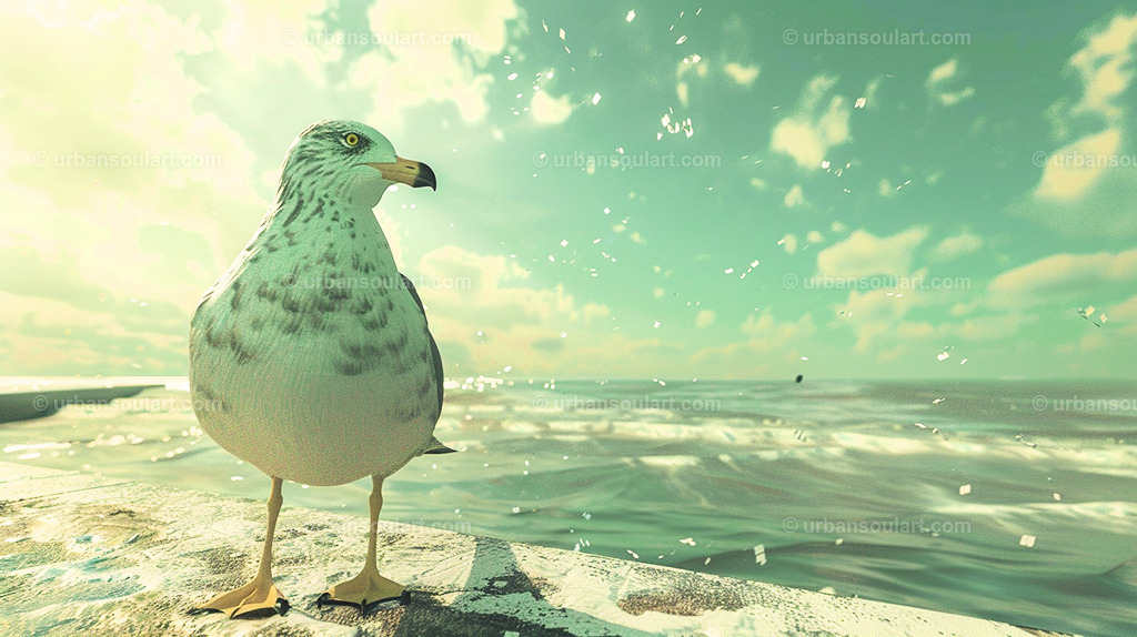 Seagull On An Ocean Promenade | A serene image of a seagull standing on a seaside promenade with a beautiful ocean view. This canvas brings a calm, coastal vibe to any room. - Realisiert mit Pictrs.com