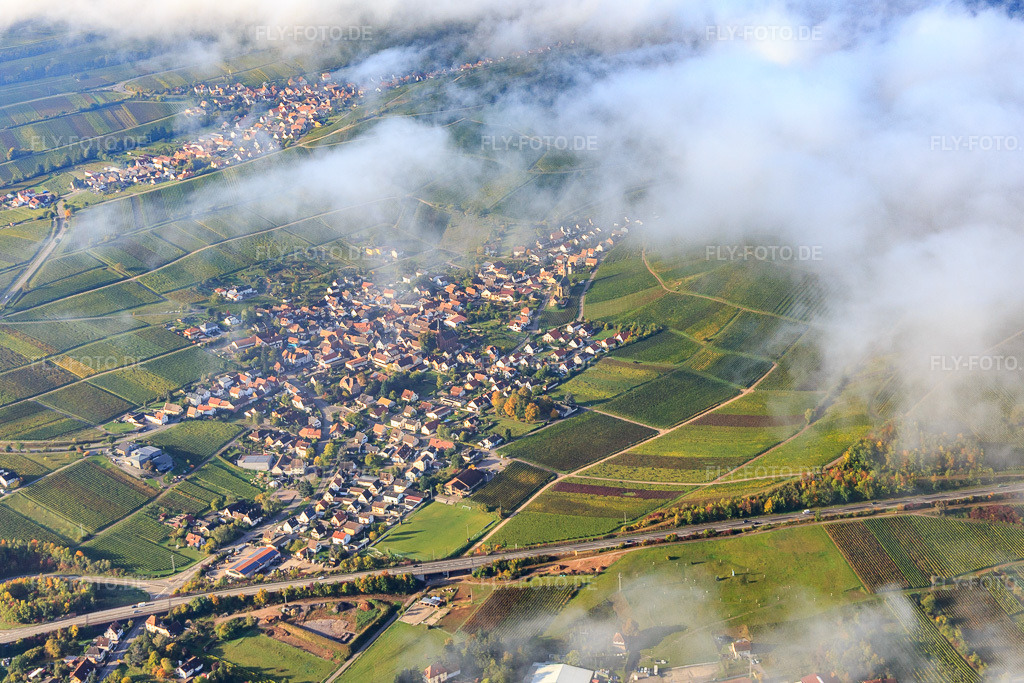 Luftbild: Winzerdorfansicht unter Wolken aus Norden in Birkweiler im Bundesland Rheinland-Pfalz in Deutschland. Foto: IMG_103763.jpg vom 01.10.2017 durch Werner Riehm/FLY-FOTO.de