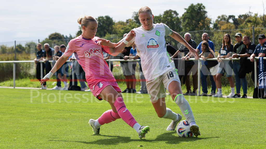 Fussball, Testspiel Frauen, TSG 1899 Hoffenheim - SV Werder Bremen | v.li.: Laura Gloning (TSG 1899 Hoffenheim, 20) und Lina Hausicke (SV Werder Bremen, 18) im Zweikampf, Duell, Dynamik, Aktion, Action, Spielszene