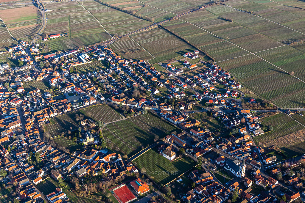 Luftbild:  in Edesheim im Bundesland Rheinland-Pfalz in Deutschland. Foto: IMG_130663.jpg vom 23.02.2022 durch Werner Riehm/FLY-FOTO.deEdesheim - Gastlichkeit an der südlichen Weinstraße