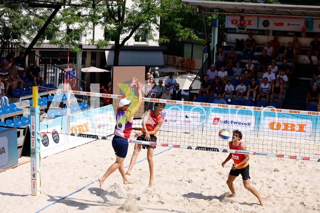 Obi BeachTour 2026 - Basel | BASEL, SWITZERLAND - JULY 18: DANIEL ALLEMANN (SUI) attack / spike during the Obi BeachTour 2026 match between ALLEMANN / LEFFLER (SUI) and MASSEREY / SCHNEGG (SUI) at Barfüsserplatz on July 18, 2026 in Basel, Switzerland. - Realisiert mit Pictrs.com
