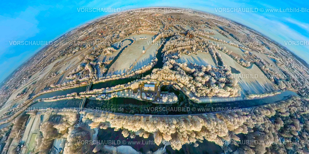 Hamm221290023LippeAmSchlossHeessen | Luftbild von Hamm im Schnee, winterliche Landschaft mit Fluss Lippe und Datteln-Hamm-Kanal, am Schloss Heessen, fisheye, Fisheye Aufnahme, Fischaugen Aufnahme, 360 Grad Aufnahme, Uentrop, Hamm, Ruhrgebiet, Nordrhein-Westfalen, Deutschland