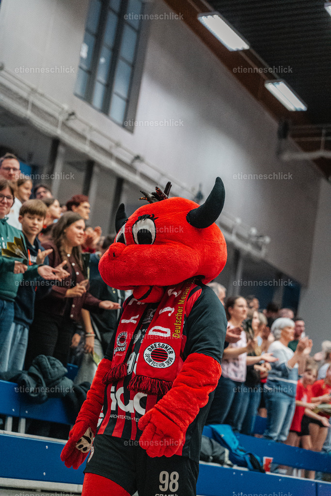Dresdner SC - Binder Blaubären TSV Flacht, DEKRA 1. Bundesliga Frauen, Volleyball | Im Bild: Burny (Maskottchen Dresdner SC)24.10.2026, Dresdner SC -  Binder Blaubären TSV Flacht, DEKRA 1. Bundesliga Frauen, Volleyball, Deutschland, Dresden, Cyberport Arena