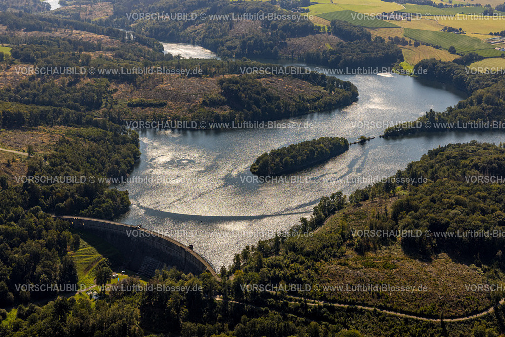 Ennepetal240814636 | Luftbild, Ennepetalsperre mit Staumauer und waldiger Insel, Hügellandschaft mit Waldschäden, Stadtgrenze Ennepetal, Boßel, Breckerfeld, Ruhrgebiet, Nordrhein-Westfalen, Deutschland
