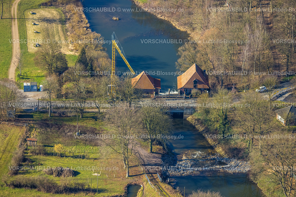Olfen230206556 | Luftbild, Baustelle Straßenarbeiten an Brücke Kökelsumer Straße mit FuÃƒÆ’Ã…â€™Ãƒâ€¹Ã¢â‚¬Â chtelner MuÃƒÆ’Ã…â€™Ãƒâ€¹Ã¢â‚¬Â hle, Fluss Stever, Olfen-Kirchspiel, Olfen, Münsterland, Nordrhein-Westfalen, Deutschland