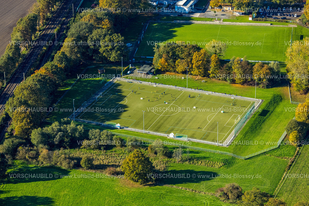 Hamm251001984 | Luftbild, Fußballstadion Sportplatz TuS 1910 Wiesergofen, umgeben von herbstlichen Bäumen, Jugendliche beim Training, Stadtbezirk Pelkum, Hamm, Ruhrgebiet, Nordrhein-Westfalen, Deutschland