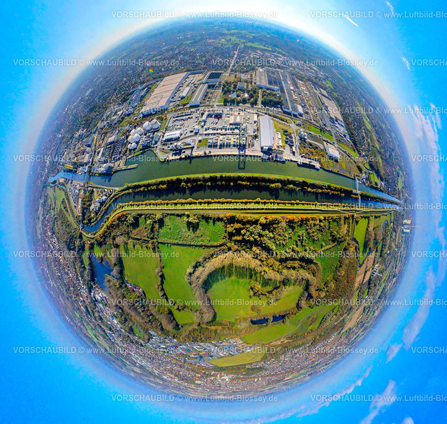Hamm241090401Hafen_Lanfer_MaxTerminalHamm | Luftbild, Lanfer Logistik GmbH / HELA GmbH Hermann Lanfer, Hafen Hamm am Datteln-Hamm-Kanal,  Naturschutzgebiet Ehemaliger Radbodsee und Alte Lippe, Erdkugel, Fisheye Aufnahme, Fischaugen Aufnahme, 360 Grad Aufnahme, tiny world, little planet, fisheye Bild, Stadtbezirk Herringen, Hamm, Ruhrgebiet, Nordrhein-Westfalen, Deutschland