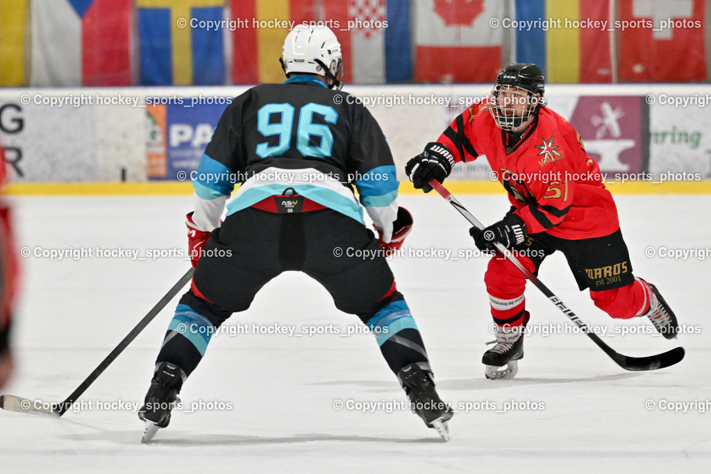 Lendhafen Seelöwen vs. Spartans Althofen | #96 Kasper Peter Lendhafen Seelöwen, #51 Titze Lukas Spartans Althofen, Lendhafen Seelöwen vs. Spartans Althofen, Lendhafen Seelöwen vs. Spartans Althofen am 14.02.2025 in Ferlach (HTC Eishalle Ferlach), Austria, (Photo by Bernd Stefan)